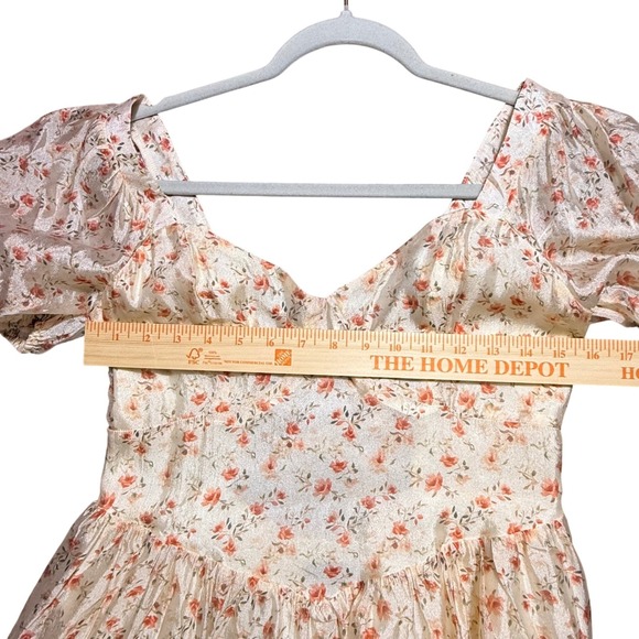 Lulus Floral Puff Sleeve Lace Up Back Midi Dress Womens M Ivory Cottagecore - Picture 7 of 16